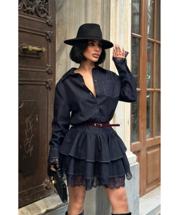 Kadın Lacivert Denim Fırfırlı Mini Elbise