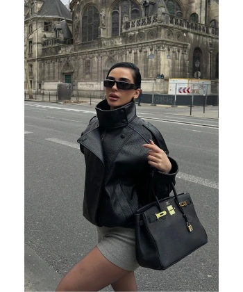 Kadın ZR Model Dik Yaka Fermuarlı Deri Ceket