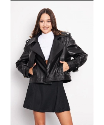 Kadın Siyah Renk Hakiki Deri Ceket Kol Detayı Kemerli Oversize Model
