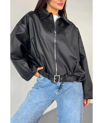 Kadın oversize kemerli fermuarlı siyah deri ceket