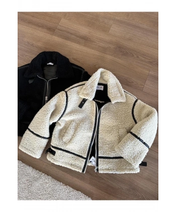 Doly Siyah Şeritli Bej Peluş Ceket
