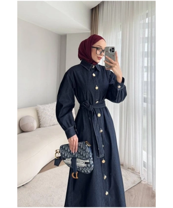 Gold Düğmeli Denim Tesettür Elbise