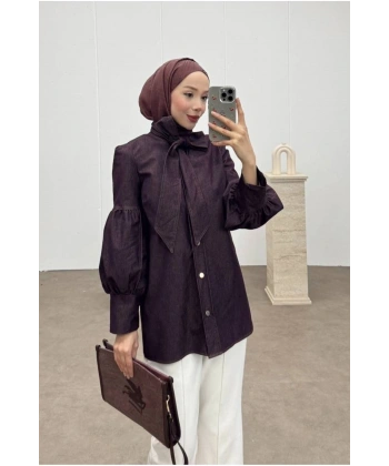 Denim Tesettür Balon Detaylı Kuşaklı Gömlek