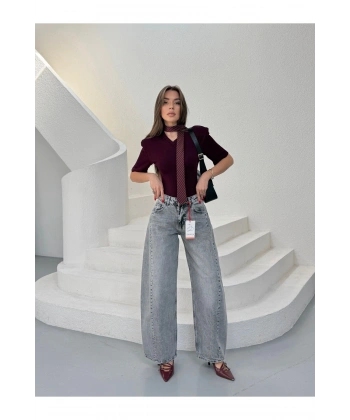 Yüksek Bel Wide Leg Salaş Jean Pantolon - Gri