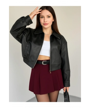 Kadın Yeni Sezon Siyah Oversize Biker Crop Bomber Deri Ceket