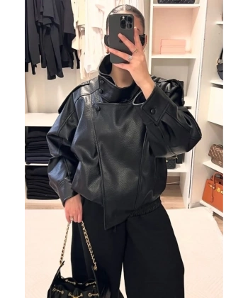 Viral Oversize Kadın Deri Ceket Yüksek Yaka Siyah Urban Style Kadın Deri Ceket