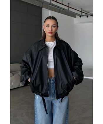 Kadın Oversize Deri Ceket– Oversize Fermuarlı Kemer Detaylı Günlük Kadın Ceket s