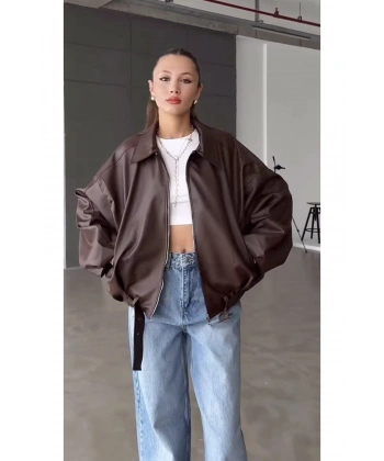 Oversize Kemerli Bomber Deri Ceket
