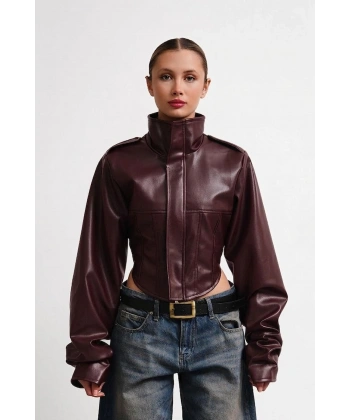 New Season Dik Yaka Motorcu Crop Kadın Deri Ceket