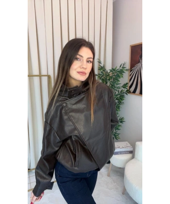 Kadın Dik Yaka Kahve Fermuarlı Deri Ceket