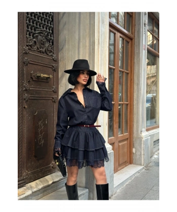 Kadın Lacivert Denim Fırfırlı Mini Elbise
