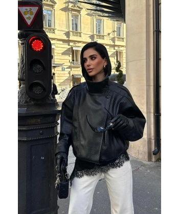 Kadın ZR Model Dik Yaka Fermuarlı Deri Ceket