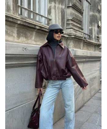 Yeni Sezon Suni Oversize Bomber Deri Ceket