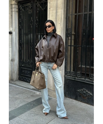 Yeni Sezon Suni Oversize Bomber Deri Ceket