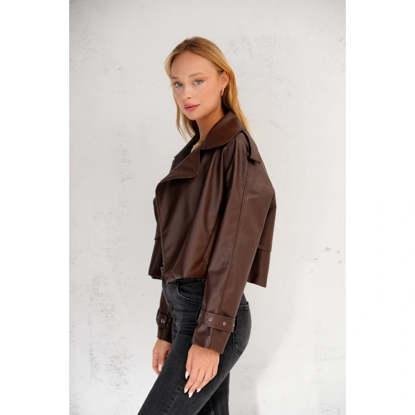 Kadın Premium Trend Luxury Siyah Suni Deri Tasarım Biker Ceket