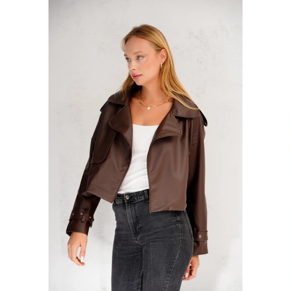 Kadın Premium Trend Luxury Siyah Suni Deri Tasarım Biker Ceket