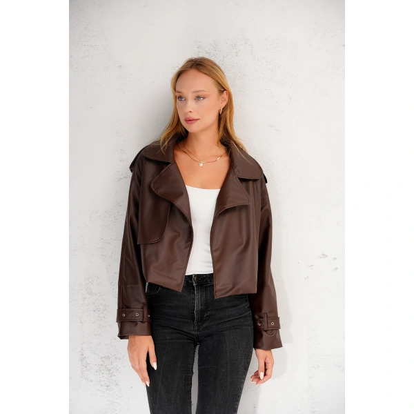 Kadın Premium Trend Luxury Siyah Suni Deri Tasarım Biker Ceket