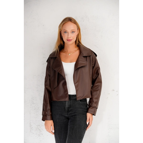 Kadın Premium Trend Luxury Siyah Suni Deri Tasarım Biker Ceket