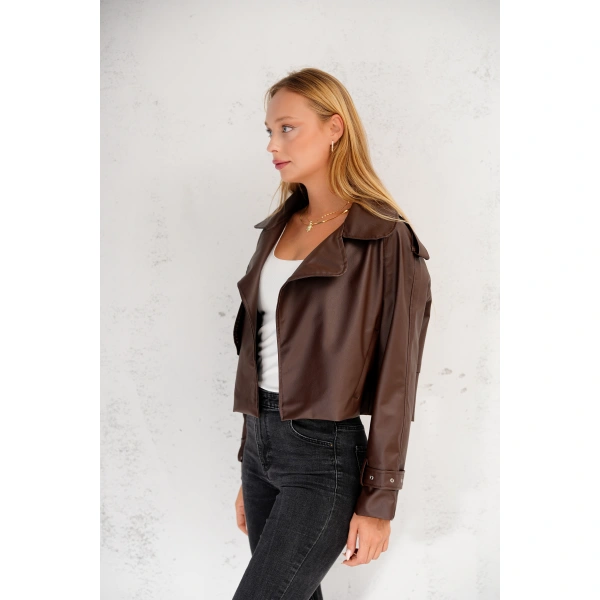 Kadın Premium Trend Luxury Siyah Suni Deri Tasarım Biker Ceket