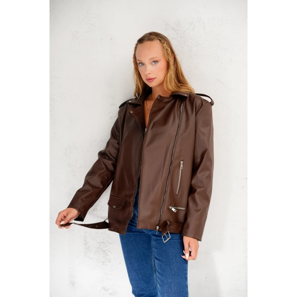 Kadın Oversize Biker Deri Ceket
