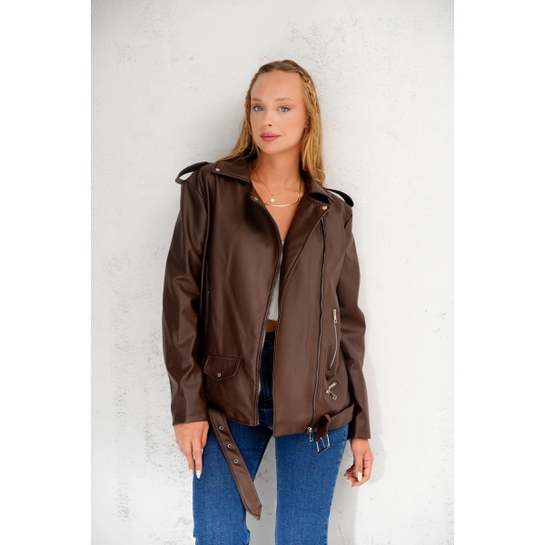 Kadın Oversize Biker Deri Ceket