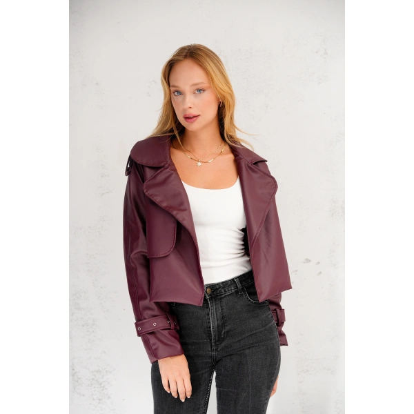 Kadın Premium Trend Luxury Bordo Suni Deri Tasarım Biker Ceket