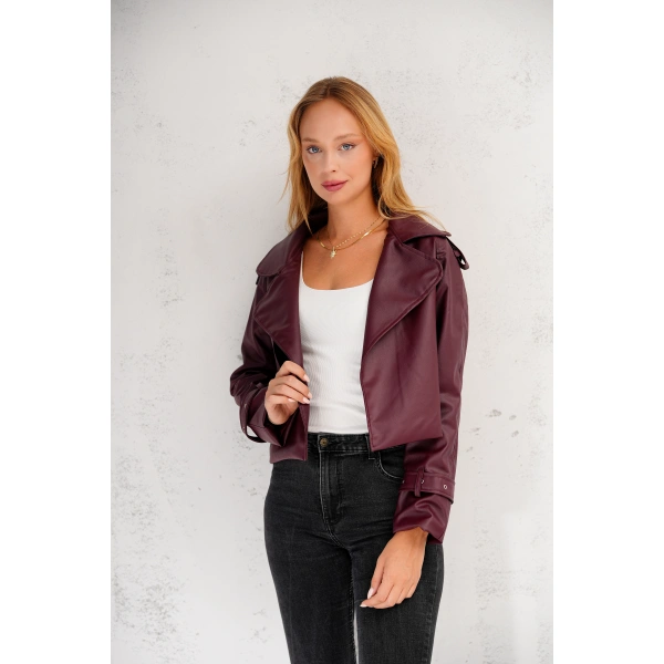 Kadın Premium Trend Luxury Bordo Suni Deri Tasarım Biker Ceket