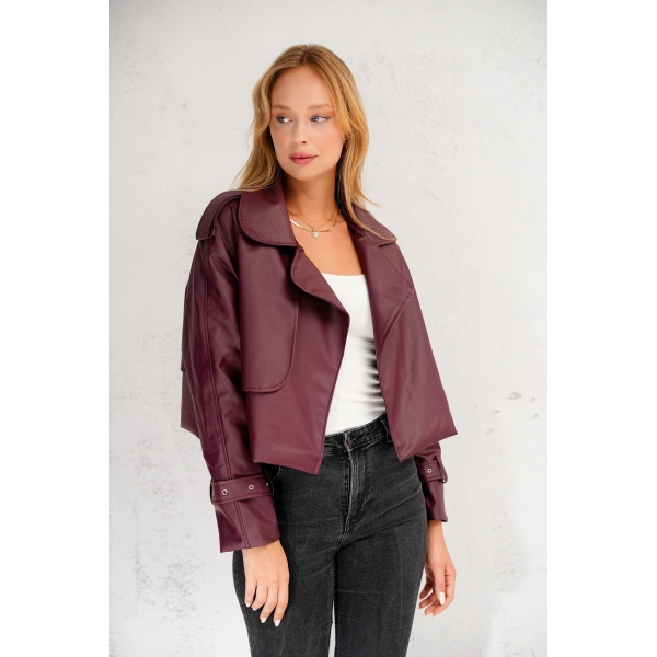 Kadın Premium Trend Luxury Bordo Suni Deri Tasarım Biker Ceket