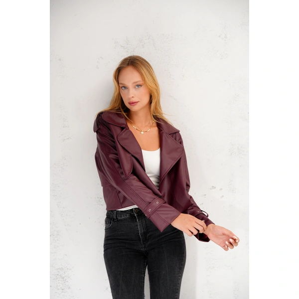 Kadın Premium Trend Luxury Bordo Suni Deri Tasarım Biker Ceket