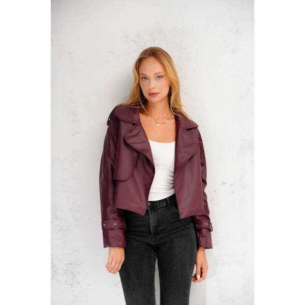 Kadın Premium Trend Luxury Bordo Suni Deri Tasarım Biker Ceket