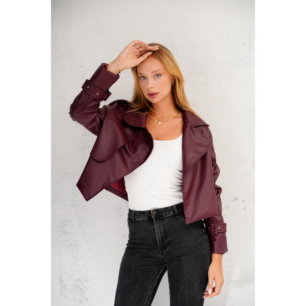 Kadın Premium Trend Luxury Bordo Suni Deri Tasarım Biker Ceket
