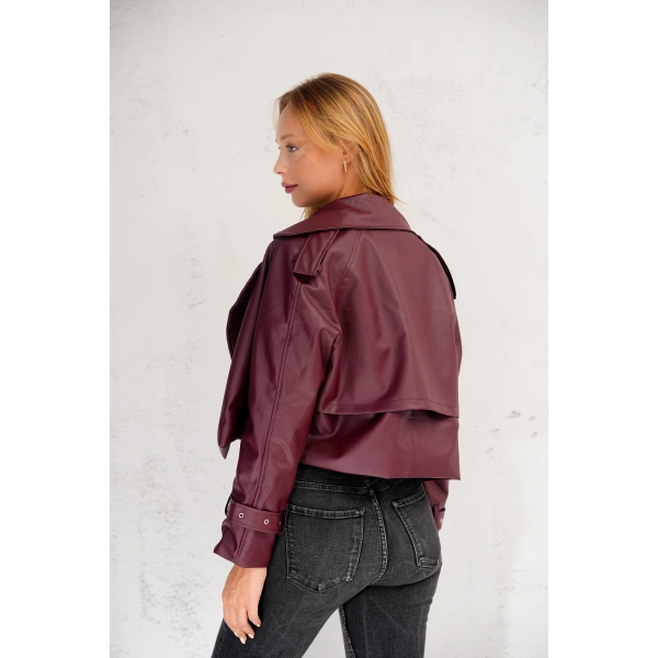 Kadın Premium Trend Luxury Bordo Suni Deri Tasarım Biker Ceket
