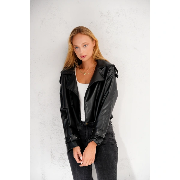 Kadın Premium Trend Luxury Siyah Suni Deri Tasarım Biker Ceket