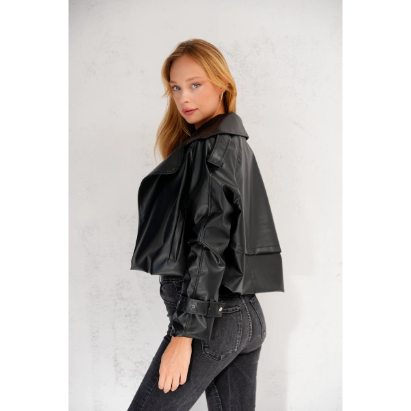 Kadın Premium Trend Luxury Siyah Suni Deri Tasarım Biker Ceket