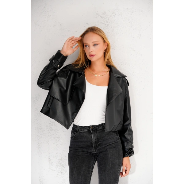 Kadın Premium Trend Luxury Siyah Suni Deri Tasarım Biker Ceket