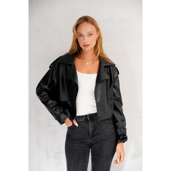 Kadın Premium Trend Luxury Siyah Suni Deri Tasarım Biker Ceket