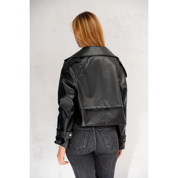 Kadın Premium Trend Luxury Siyah Suni Deri Tasarım Biker Ceket