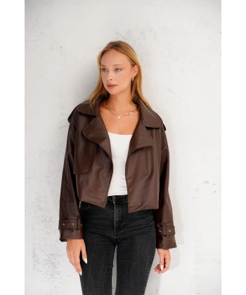 Kadın Premium Trend Luxury Siyah Suni Deri Tasarım Biker Ceket