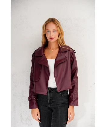 Kadın Premium Trend Luxury Bordo Suni Deri Tasarım Biker Ceket