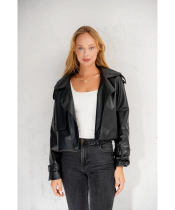 Kadın Premium Trend Luxury Siyah Suni Deri Tasarım Biker Ceket