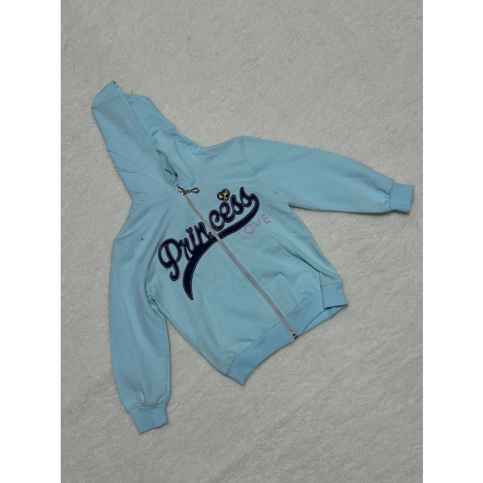 3-4 yaş kız çocuk lacivert yazılı önü fermuarlı  kapşonlu cepli hırka mavi