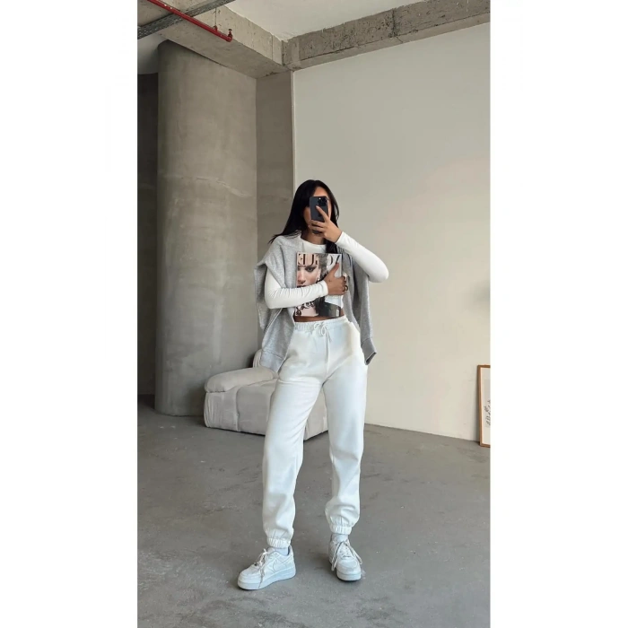 3 iplik şardonlu paça lastikli eşofman beyaz is001