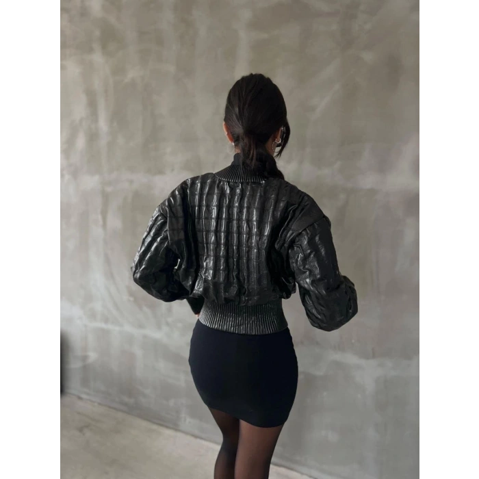 Beli büzgülü crop deri ceket siyah