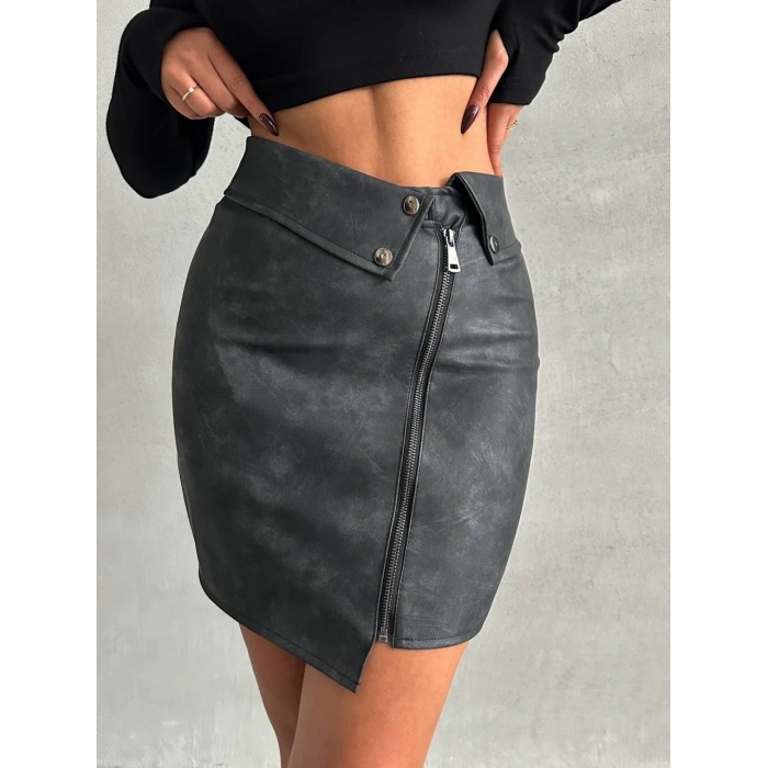 Beli pervazlı fermuarlı eskitme deri etek w24431