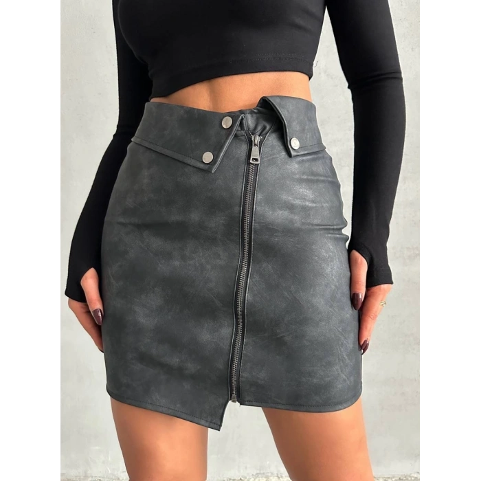 Beli pervazlı fermuarlı eskitme deri etek w24431