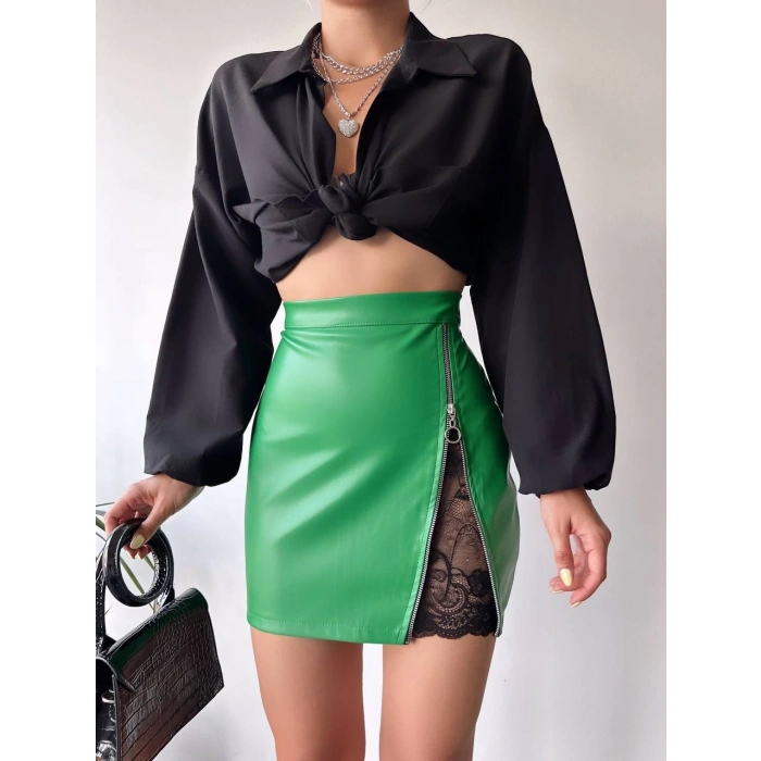 Dantelli fermuarlı deri etek yeşil w24598