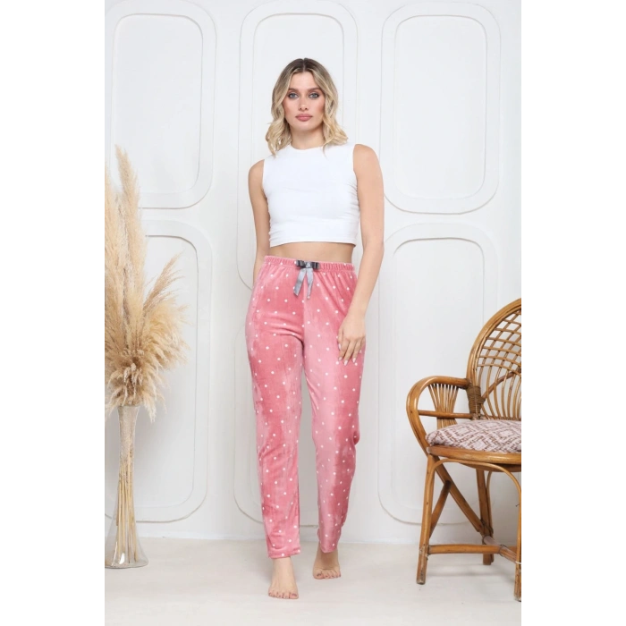 Kadife pijama altı pembe üstüne beyaz kalpli Pontiye desenli q7013