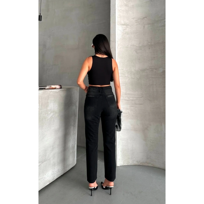 Mom fit enzim bıyıklı taş yıkama jeans pantolon siyah d2006