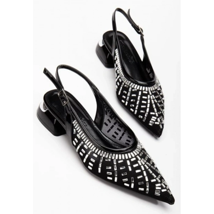 Piyar Siyah Taşlı Topuklu Ayakkabı