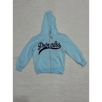 3-4 yaş kız çocuk lacivert yazılı önü fermuarlı  kapşonlu cepli hırka mavi